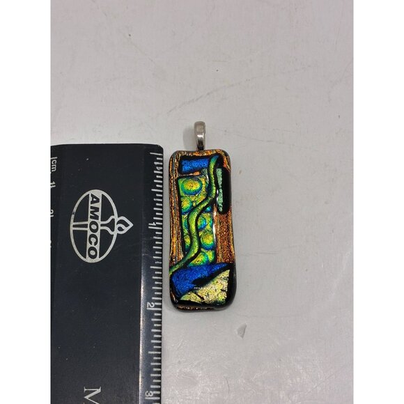 Handcrafted Dichroic Glass Pendant With Abstract Multicolor Design & Silver-Tone - Picture 3 of 5